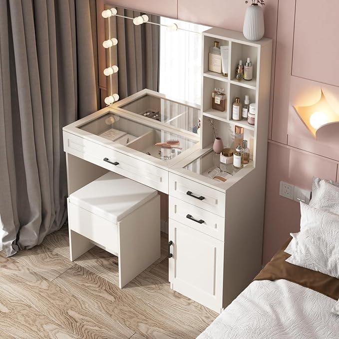 Fameill White Vanity Desk with Mirror and Lights,Glass Top Vanity Table with 3 Drawers and Cabinets,Large HD Mirror Makeup Desk,3 Lighting Modes, Brightness Adjustable,45 in(L)