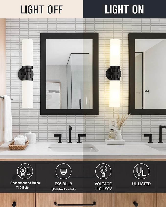 Emak 2 Light Black Vanity Lights for Bathroom, 22 Inch Bathroom Light Fixtures Modern Wall Sconces with Milk Glass Shade for Bathroom, Bedroom, Hallway, VL085-BK-ML-2