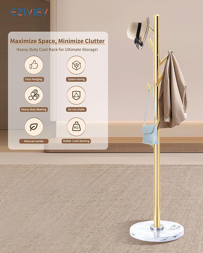 EZIVIEZ Modern Coat Rack Stand, Metal Freestanding Coat Rack with Natural Marble Base, Golden Coat Racks with 8 Hooks and Coat Hanger Tree Jacket Stand for Office, Entryway, Hallway