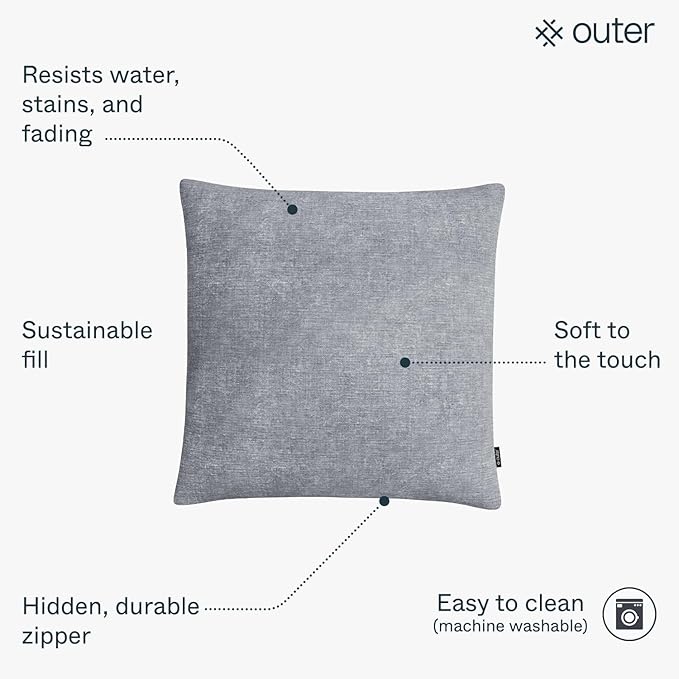 Outer Outdoor Throw Pillow with OuterWeave Performance Fabric, Decorative Outdoor Pillow for Patio & Outdoor Furniture, Includes Machine Washable Pillow Cover and Insert - Pacific Fog Gray, 18"x18"