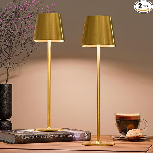 uuffoo 2 Pack Rechargeable Table Lamp Battery Operated Cordless Table Lamps with 3 Colors Stepless Dimming, Desk Night Light for Restaurant, Patio, Bedroom, Bar (Electroplated Gold)