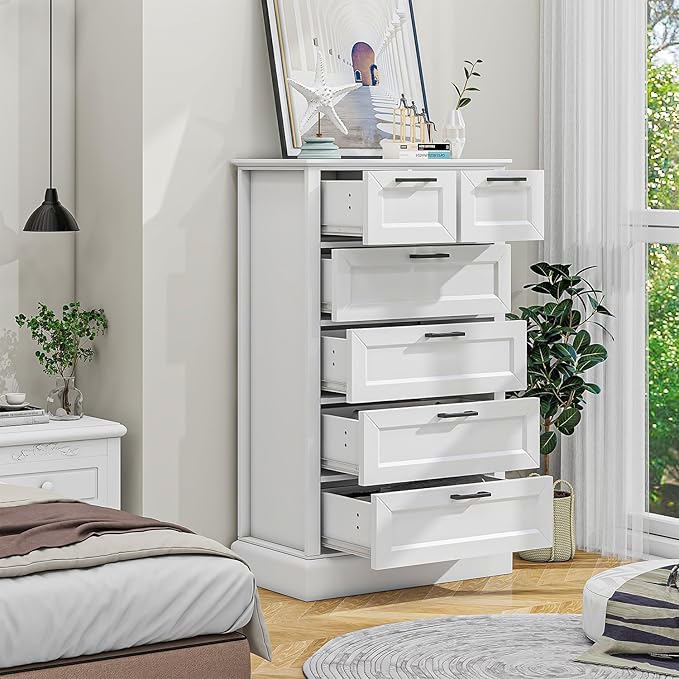 White 6 Drawer Dresser, 47'' Tall Modern Vertical Chest of Drawers with Painted Wood, Storage Dressers for Bedroom, Living Room, Hallway, Entryway, White