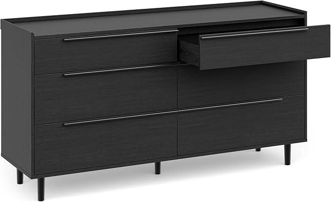 Modern Minimalist 60" Black Dresser for Bedroom, Large 6 Drawer Storage Cabinet with Sleek Metal Handles, Clothes Organizer Chest for Closet, Hallway, or Living Room