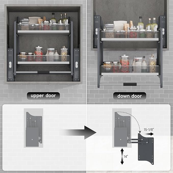 Pull Down Heavy Duty Shelf Organizer for Kitchen Upper Cabinet, 2-Tier Pull Down Cabinet Organizer, Adjustable Width of 33.8-35.8 Inch, White