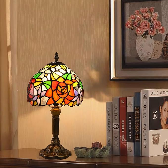 Rose Tiffany Small Table Lamp 3 Way Color Temperatures Stained Glass Bedside Nightstand Table Lamps for Living Room,Bedroom, Home Office Reading Desk Lamp+LED Bulb,8X8X15 Inch