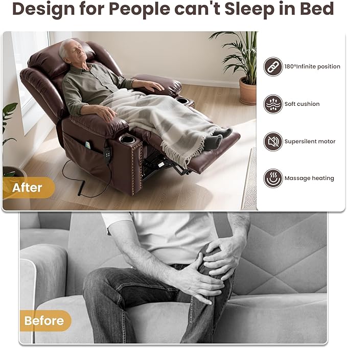 PARKOL Large Genuine Infinite Position Leather Power Lay Flat Lift Studded Recliner Chairs for Elderly, Dual Motor with Massage and Heating,Extended Footrest, USB&Type-C Port Remote,Cup Holder,Brown