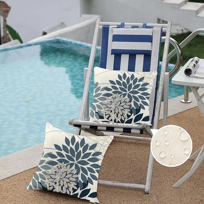 RABUSOFA Outdoor Pillow Covers 20x20 Inch Set of 2 Gray Blue Flower Decorative Waterproof Floral Outdoor Cushion Covers for Patio Funiture Garden Couch Decor