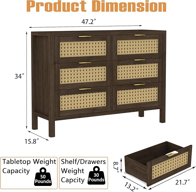 Boho 6 Drawer Dresser & 2 Nightstand Set for Bedroom, Wood Dresser with Gold Handle for Bed Room, Hallway, Brown Oak