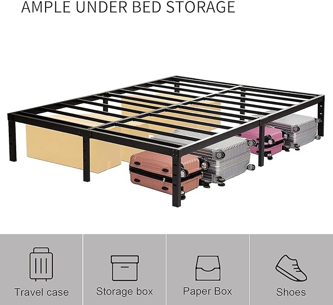King Size Bed Frame, 3500lbs Heavy Duty Metal Frames with Steel Slats Support 14 Inch High Platform Bedframe with Storage, No Box Spring Needed, Sturdy and Durable Noise-Free, Black