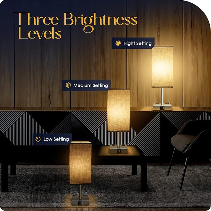 Bedside Lamp with USB Ports - Touch Control Table Lamp for Bedroom with USB C+A Charging Ports & AC Outlets, 3 Way Dimmable Nightstand Light for Living Room (LED Bulb Included, Chrome - Grey)