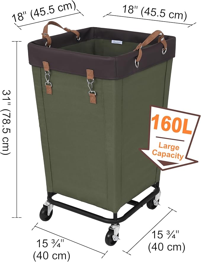 StorageWorks 160L Laundry Basket with Wheels, Large Rolling Hampers for Clothing Organizer, Dirty Clothes Basket for Hotel, Home, Closet, Dorm, Green