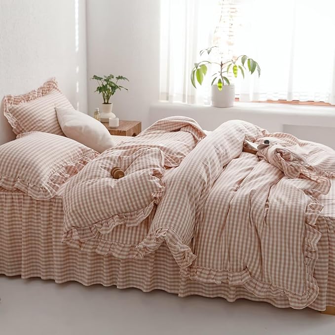 mixinni Vintage Pink Gingham Ruffle Comforter Set 3-Piece Washed Cotton Queen Size Grid Bedding Set with Geometric Checkered Pattern, Farmhouse Chic Soft Fluffy Comforter for All-Season