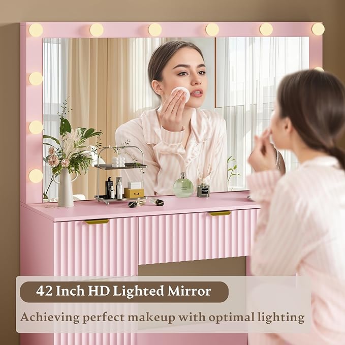 Vanity Desk with Large 42" Mirror and Lights, Pink Fluted Makeup Table Set with Storage Drawers, Power Outlet & Stool, 3 Lighting Modes & Adjustable Brightness, Dressing Table for Women Girls Bedroom