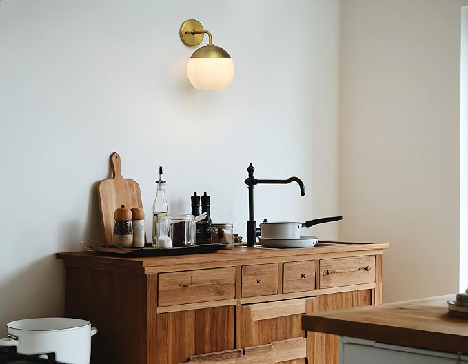 Modern Glass Wall Sconce with Frosted Globe Lampshade, Metal Base Industrial Wall Light Fixture, Indoor Wall Mounted Lamp for Vanity Bathroom Bedroom Living Room