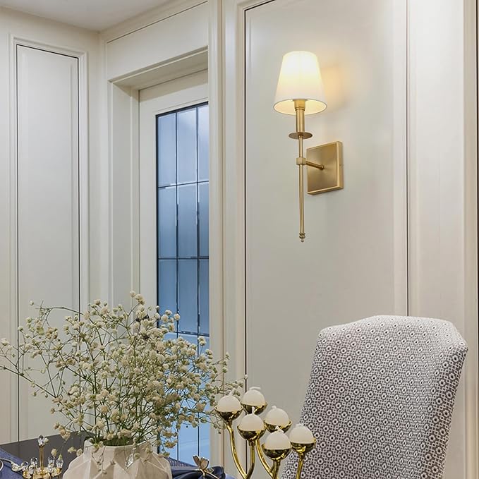 PERMO Set of 2 Classic Rustic Industrial Wall Sconce Lighting Fixture with Flared White Textile Lamp Shade and Antique Brass Tapered Column Stand, Hardwired, E26 Base