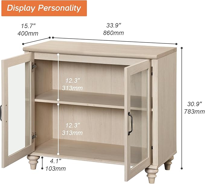 WAMPAT Farmhouse TV Stand for TVs Up to 43 inch, Glass Wood Universal TV Stand with 2 Storage Cabinets, Beige Entertainment Center TV Console Table for Living Room, Bedroom