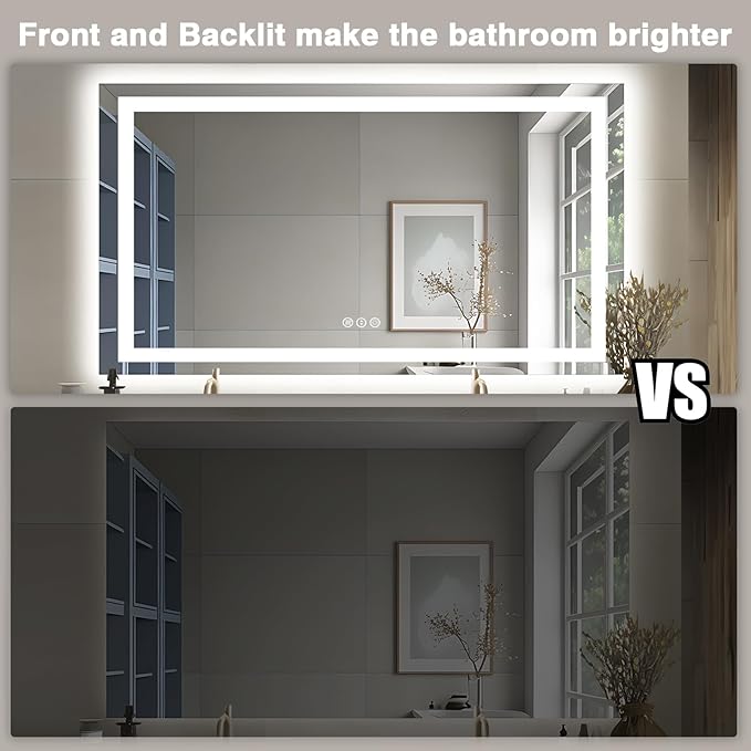 55"x30" LED Bathroom Mirrors for Wall, Front and Backlit Mirror, Anti-Fog Vanity Mirror with Lights, Stepless Dimmable Lighted Mirror, 3 Colors Smart Mirror (Horizontal/Vertical)