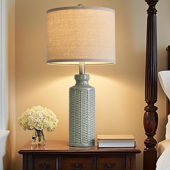 24.75'' Farmhouse Light-Green Ceramic Single Table Lamp for Bedroom Living Room Vintage Traditional Rustic Modern Nightstand Bedside Lamps