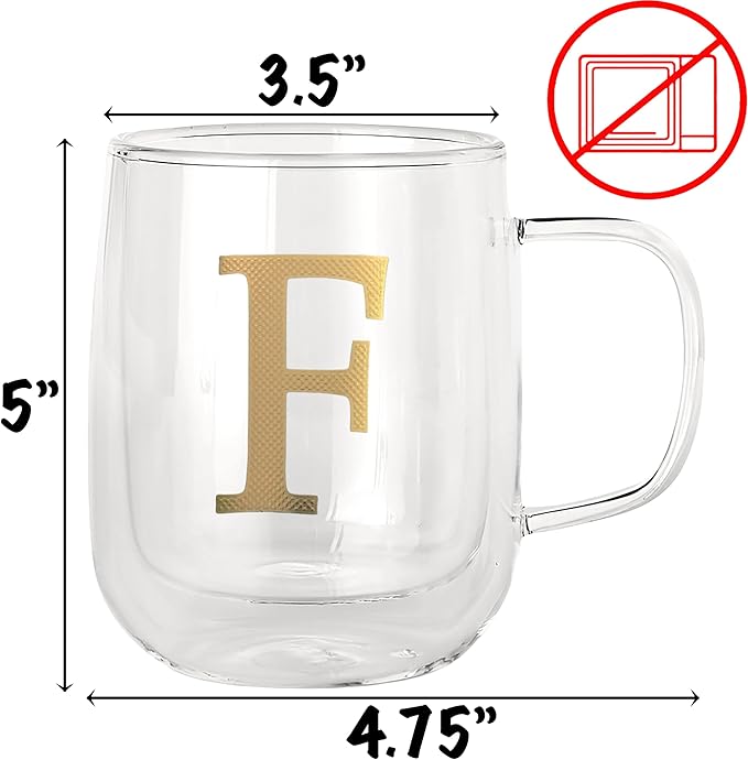 COLLECTIVE HOME - Double Walled Glass Coffee Mugs, Insulated Coffee Mug with Handle, Personalized Gifts for Women, Men, Christmas, 14 oz Monogram Cups (F)