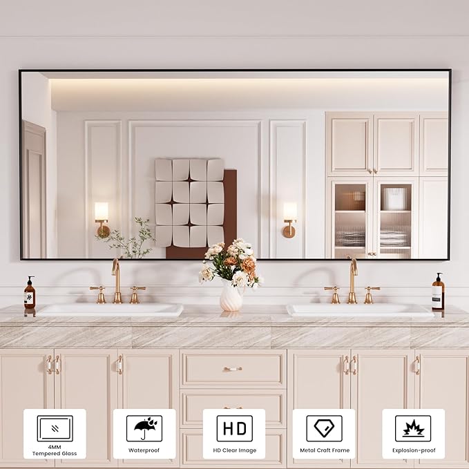 Bathroom Mirror Black,72x32 Inch Large Matte Black Bathroom Vanity Mirror,Rectangle, Square Corner, Anti-Rust,Shatter-Proof, Bedroom, Living Room, Entryway, Wall-Mounted(Horizontal/Vertical)