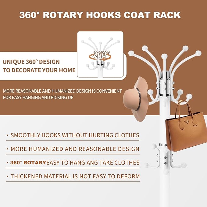 Modern Metal Coat Rack Stand, 360°Rotary Coat Rack Freestanding with Natural Marble Base, White Sturdy Coat Racks with 16 Hooks, Coat Racks Hall Tree Stand for Entryway (White)