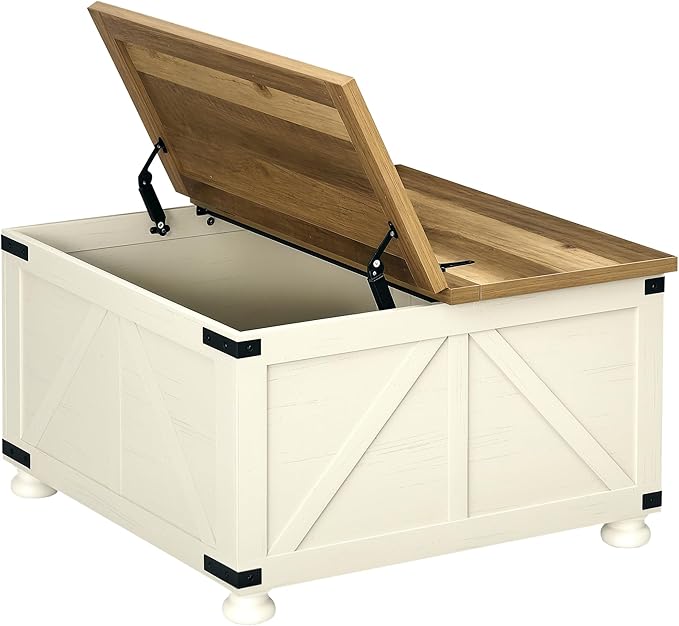 HOMCOM Farmhouse Coffee Table, 31.5" Square Coffee Table with Storage, Living Room Center Table with Hinged Flip Lift Top and Hidden Space, Antique White