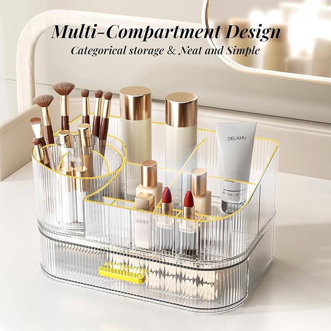 Delamu Makeup Organizer for Vanity with Stackable Drawers, 360 Rotating Makeup Brush Holder Large Cosmetic Display Case for Dresser, Bathroom Countertop Skincare Organizers and Storage, Crystal Clear