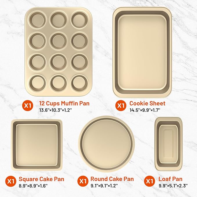 Baking Pans Set, 5-Piece Nonstick Bakeware Sets with Round/Square Cake Pan, Muffin Loaf Roast Pan, Baking Sheets for Oven, Kitchen Cookware Sets Baking Tray Baking Supplies, Gold