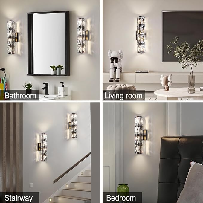 Crystal Wall Sconce,Indoor Modern Sconces Wall Lighting, Matte Black Wall Sconces for Bathroom,Bedroom,Living Room,Hallway