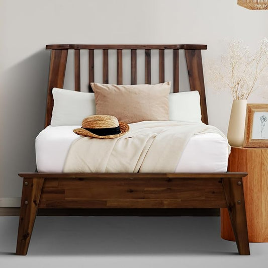 A ACACIA FURNITURE Kaylin Wooden Bed Frame with Headboard, Solid Wood Platform Bed with Wood Slat Support, No Box Spring Needed, Twin, Chocolate, 14 Inch, V1