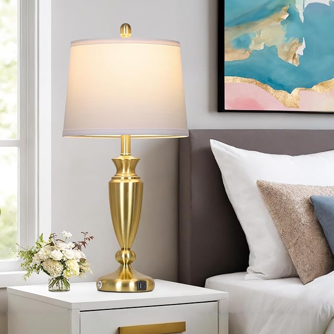 27'' Gold Table Lamps for Living Room, 3 Way Touch Control Bedside Lamps Set of 2 with USB A+C Ports, Modern Metal Nightstand Lamps for Bedroom Living Room Office End Table