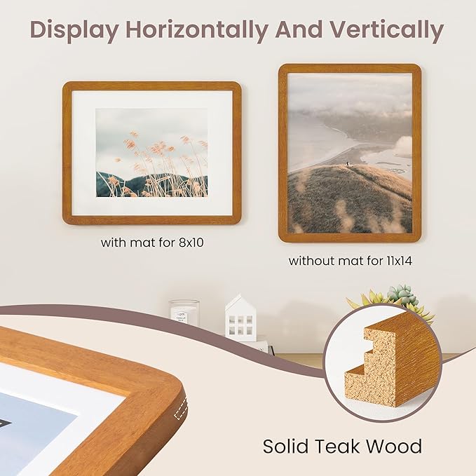 11x14 Picture Frame - Solid Teak Wood 11x14 Frame With Mat For 8x10, 11''x14'' Poster Frame, Plexiglas and Hanging Hardware Included, 11 By 14 Poster Frame Wood, Natural Teak