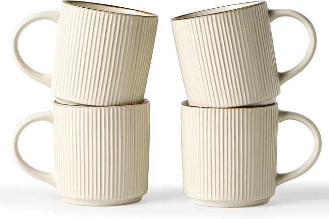 famiware Coffee Mug Set for 4, Star 12 oz Catering Mugs Cup Set with Handle for Coffee, Tea, Cocoa, Milk - Ceramic Stoneware Drinkware Set, White