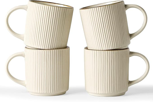 famiware Coffee Mug Set for 4, Star 12 oz Catering Mugs Cup Set with Handle for Coffee, Tea, Cocoa, Milk - Ceramic Stoneware Drinkware Set, White