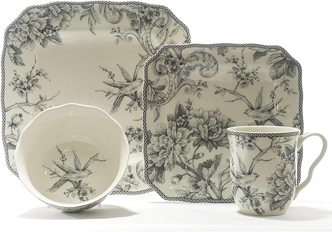 222 Fifth Adelaide 16-Piece Square Floral Dinnerware Set – Service for 4, Grey & White Porcelain Plates & Bowls, for Everyday Dining & Entertainment, Microwave & Dishwasher Safe, Chip Resistant