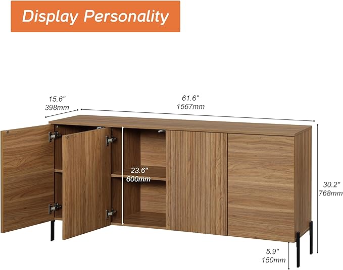 WAMPAT 61.6" TV Stand Cabinets for TVs up to 75 Inches, Entertainment Center with Storage Cabinets and 4 Doors, Mid Century Modern Media TV Console Table for Living Room Bedroom, Brown