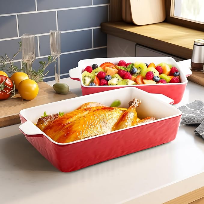 Casserole Dishes for Oven, Ceramic Baking Dishes, Lasagna Pan with Handles, Porcelain Baking Pan Deep, Bakeware for Baking, Cooking, Wedding Gift, Set of 3 (11.6" x 7.8", Red)