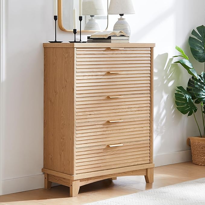 AOGLLATI Black Dresser for Bedroom with Slanted Louvre Design,Retro Chest of Drawers with Charging Station, Wooden Tall 5 Drawer Dresser for Bedroom,Living Room, Hallway, Wood