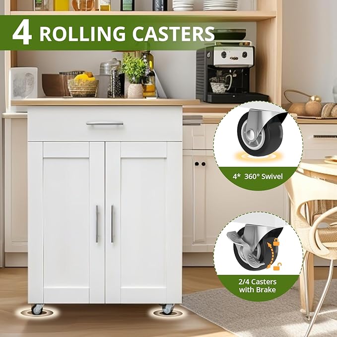Kitchen Island with Storage - Mobile Rolling Kitchen Island Cart with Wheels, Large Drawer, Adjustable Shelf & Towel Rack, Space-Saving White Kitchen Organizer for Dining Room & Small Spaces