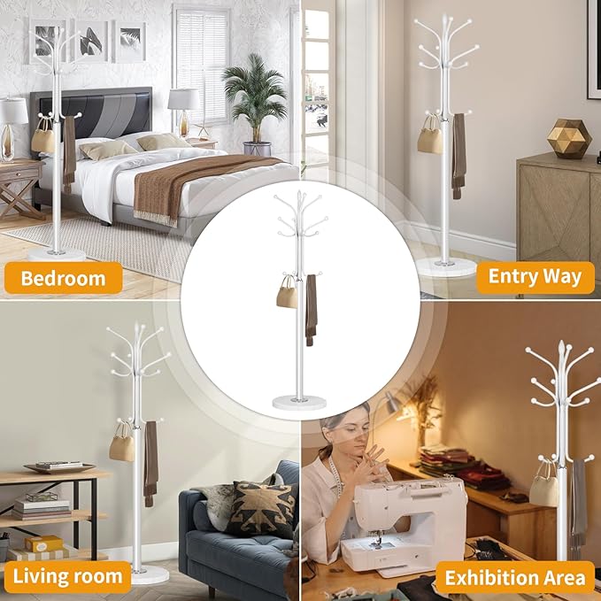 Metal Coat Rack Stand with Natural Marble Base, Coat Rack Freestanding, Free Standing Hall Tree with 12 Hooks for Hanging Clothes, Bags, Scarfs, Coat Hanger for Entryway, Hallway (White)