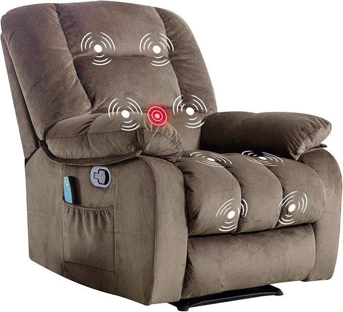 ANJHOME Overstuffed Massage Recliner Chairs with Heat and Vibration, Soft Fabric Single Manual Reclining Chair for Living Room Bedroom (Brown)