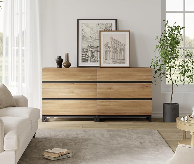 WAMPAT Modern TV Stand for TVs up to 70 inch, Entertainment Center TV Console Table with 6 Drawers and Metal Base, Media Console for Living Room, Bedroom, Oak