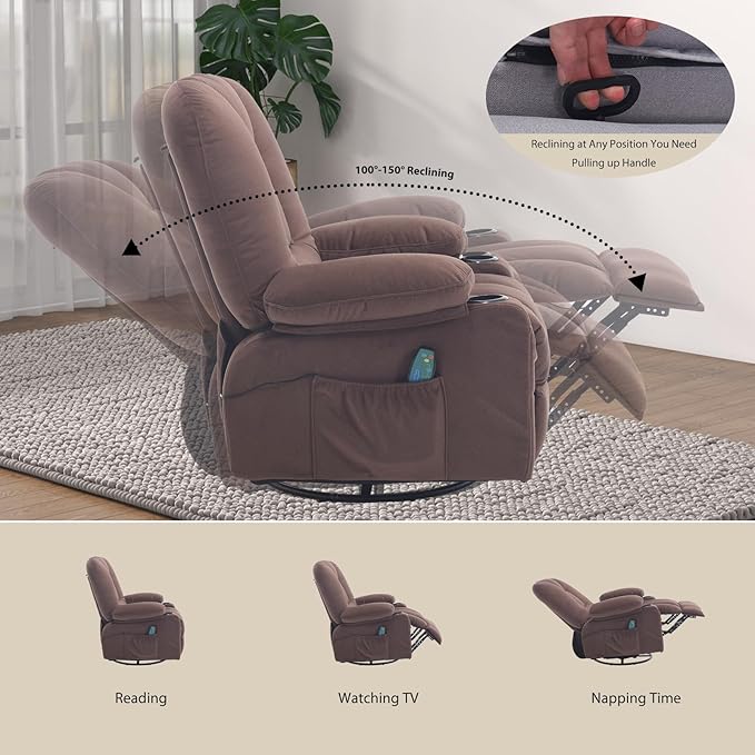 Recliner Chair for Adults, Rocker Recliners with Massage and Heat, Fabric Overstuffed Swivel Glider with Cup Holder Side Pocket, Manual Reclining Sofa Chair for Living Room,Brown