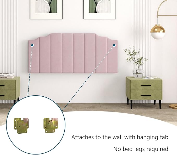 Queen Size Headboard Only, Velvet Wall Mounted Headboard Queen/Full Size for Adjustable Bed, Modern Vertical Channel Design with Curved Tufted Upholstered Head Board, Pink