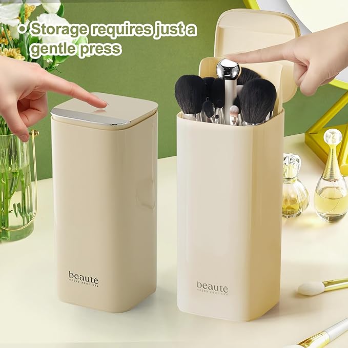 DASITON Makeup Brush Holder with Lid,4 Slots Makeup Brush Organizer,Automatic Lifting Makeup Cosmetics Organizer,for Vanity Decor,Bathroom Countertop,Dustproof Cosmetic Brushes Container(Cream)