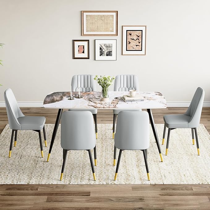 Dining Room Table Set for 6, Dinner Table Set for 6, Sintered Stone Kitchen Table Top and Modern Chairs Set of 6 for Kitchen Dining Room