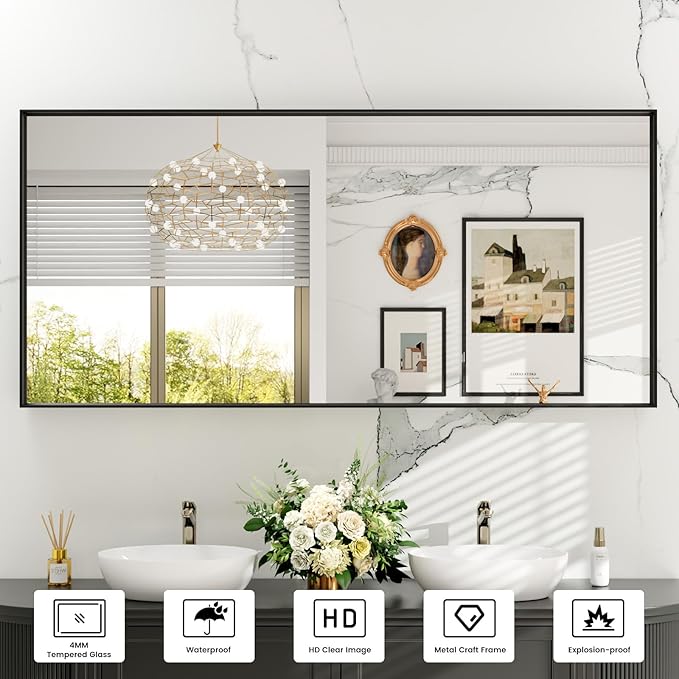 Bathroom Mirror Black,60x28 Inch Large Matte Black Bathroom Vanity Mirror,Rectangle, Square Corner, Anti-Rust,Shatter-Proof, Bedroom, Living Room, Entryway, Wall-Mounted(Horizontal/Vertical)