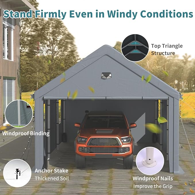10x16FT Heavy Duty Carport Canopy,Extra Large Portable Car Tent Garage with Roll-up Windows and All-Season Tarp Cover,Removable Roof &Side Walls for Car, SUV,Boats&Truck Shelter Logic Storage