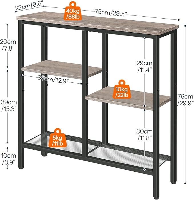 HOOBRO Narrow Console Table, Sofa Table, 4-Tier Industrial Hallway Table with Metal Mesh Shelf, Entryway Table with Adjustable Feet, for Entryway, Living Room, Hallway, Greige and Black BG79XG01