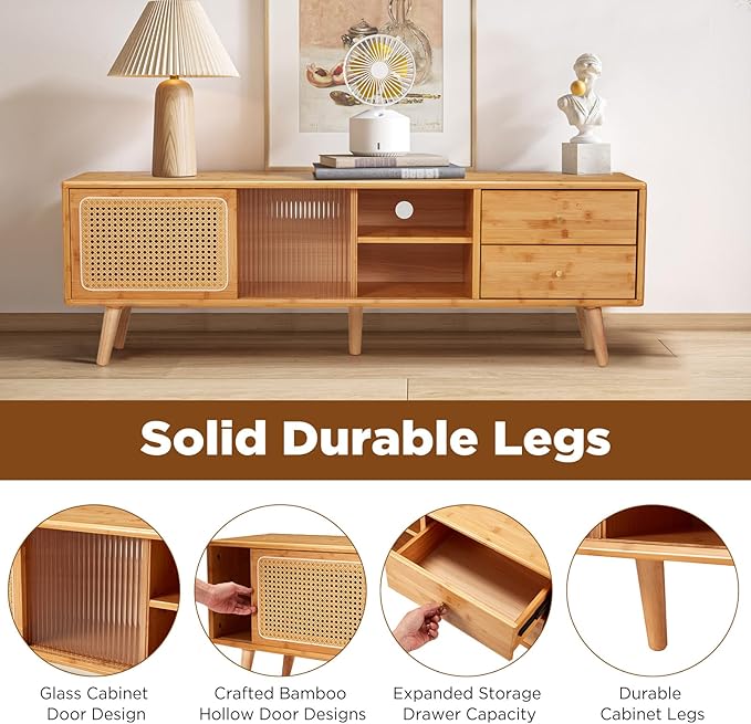 Rattan Boho TV Stand for TVs up to 65 inch, Entertainment Center with Rattan Door, Height-Adjustable Shelves & 4 Cabinets & Drawers, Long Boho Media Console for Living Room, Natural